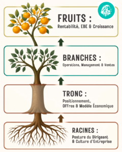 ne modélisation en quatre niveaux : les Racines, le Tronc, les Branches et les Fruits. Tant que vous ne comprenez pas l'imbrication exacte entre votre Mindset, votre Stratégie, vos Tactiques et vos Résultats, vous continuerez à pédaler dans la semoule en vous demandant pourquoi le vélo n'avance pas